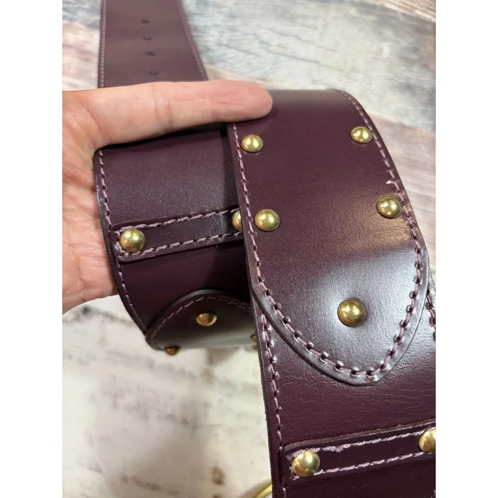 Ann Taylor Loft Dark Purple Wide Leather Belt Gold Buckle Studded XS Small